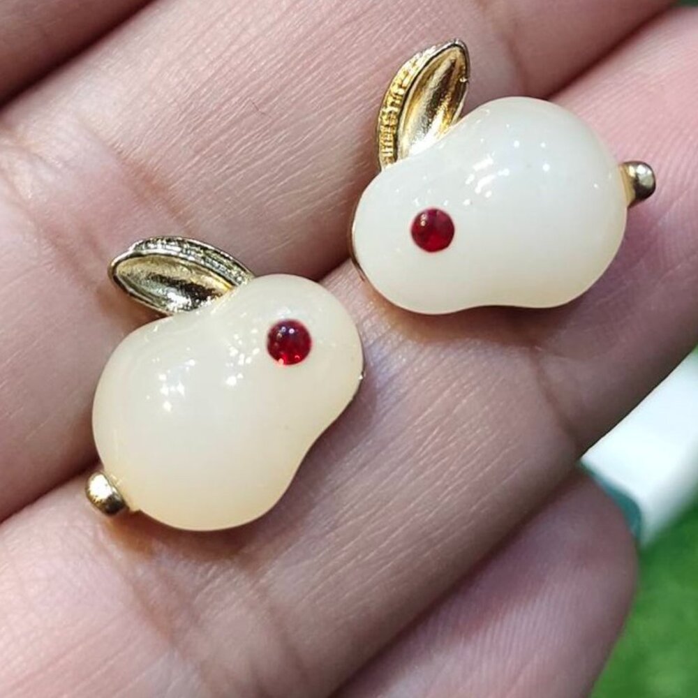 Gold Tone and White Rabbits Pierced Earrings Red Rhinestone Eyes Easter Gift